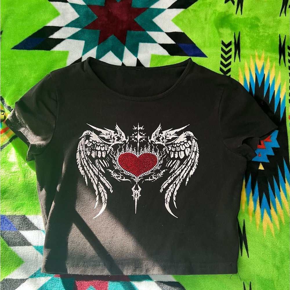 Black Crop Top with Winged Heart Design